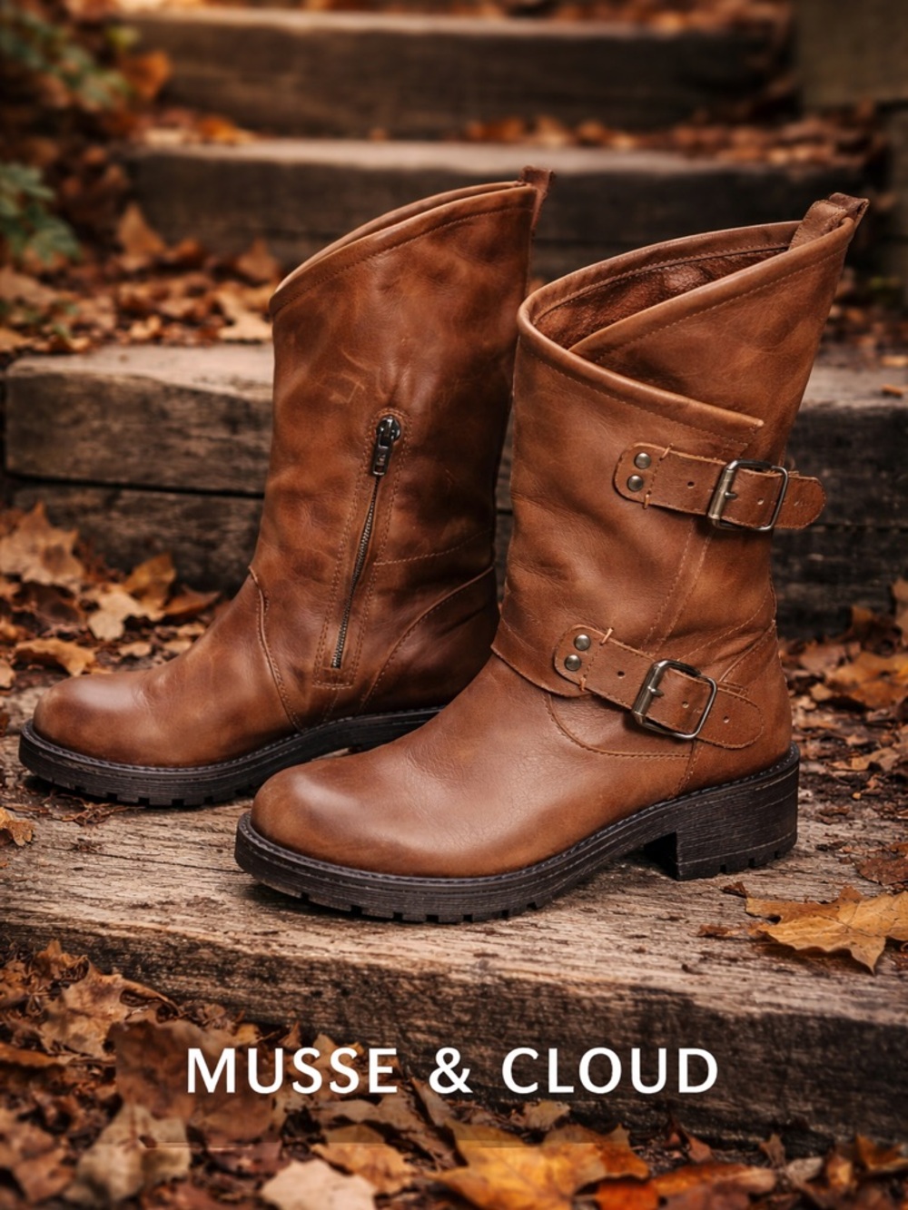 Musse & Cloud Leather Biker Boots Brown Moto Buckle Boots Size 7 Made in Spain